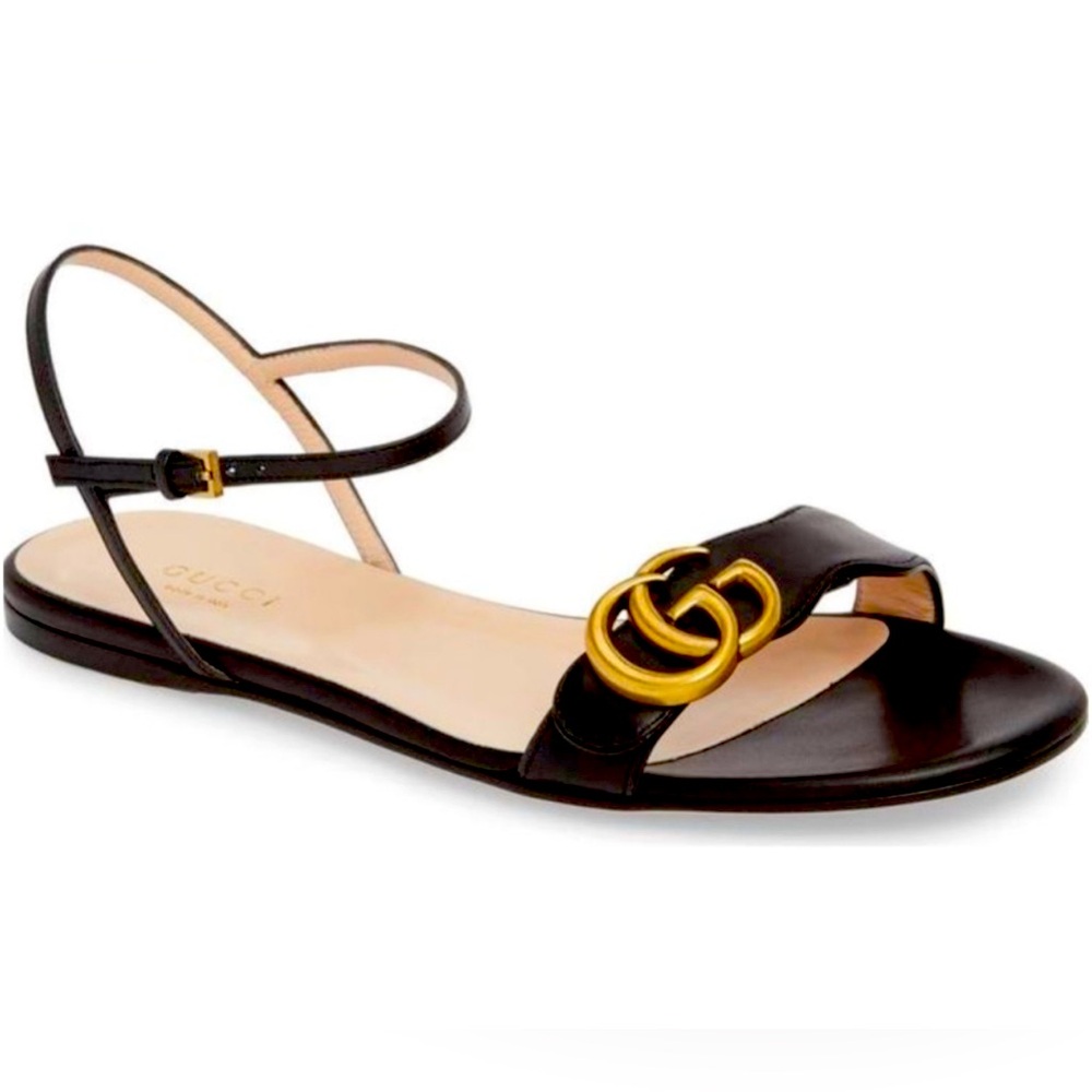 Gucci Marmont Sandals Flat Black Leather Interlocking GG Size 41